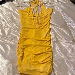 Oh Polly Gold Ruched Bodycon Dress Halter